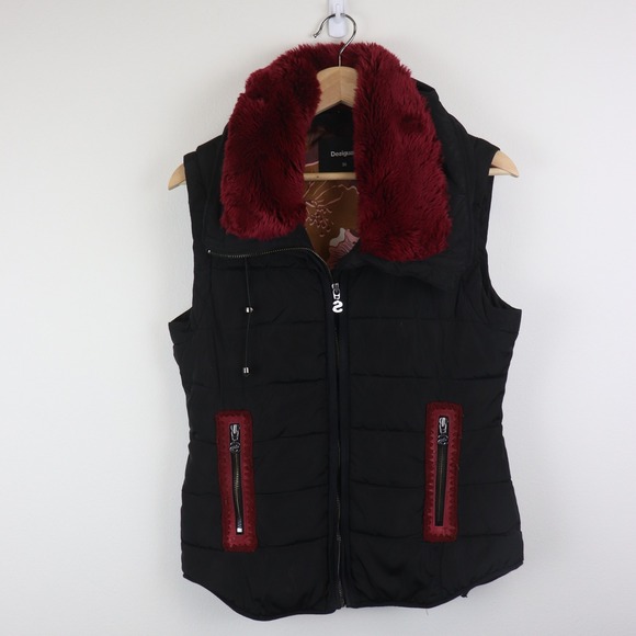 Desigual Puffer Vest Small Faux Fur Collar Accents Full Zip Black Red Pockets‎ - Picture 1 of 11